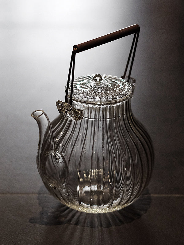Melon-Shaped Glass Tea Kettle & 2-Cup Set with Bronze Handle