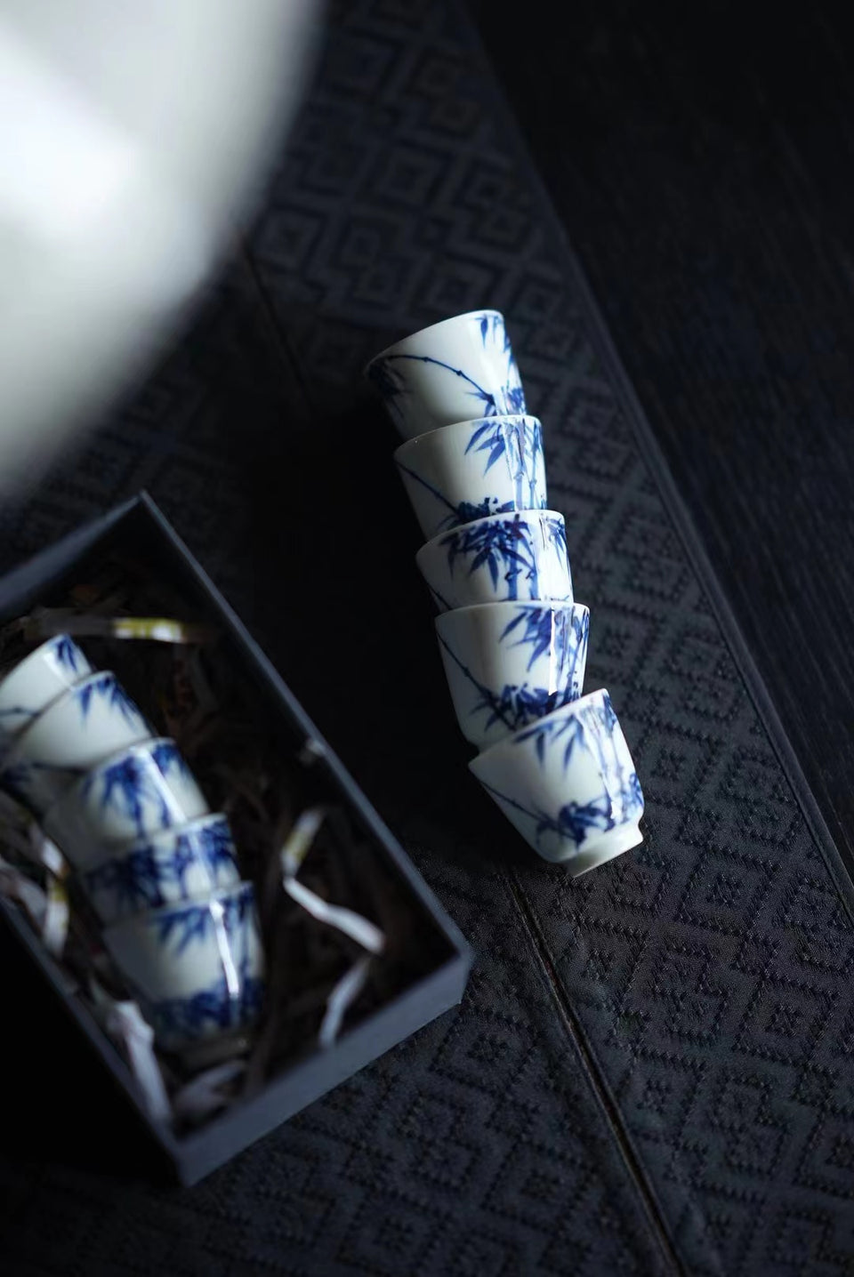 "Bamboo Shadows" Qinghua Teacups, Set of 5