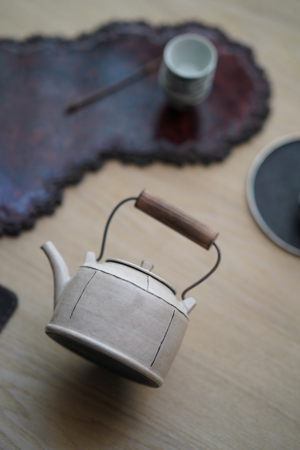 Off-White Glazed Kettle with Wood Handle
