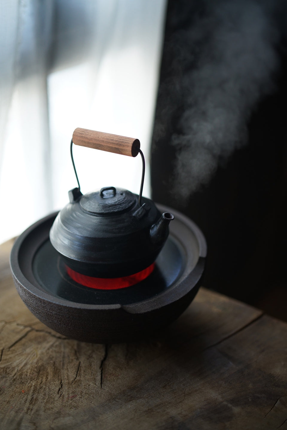 Black Clay Wood-Handled Tea Kettle