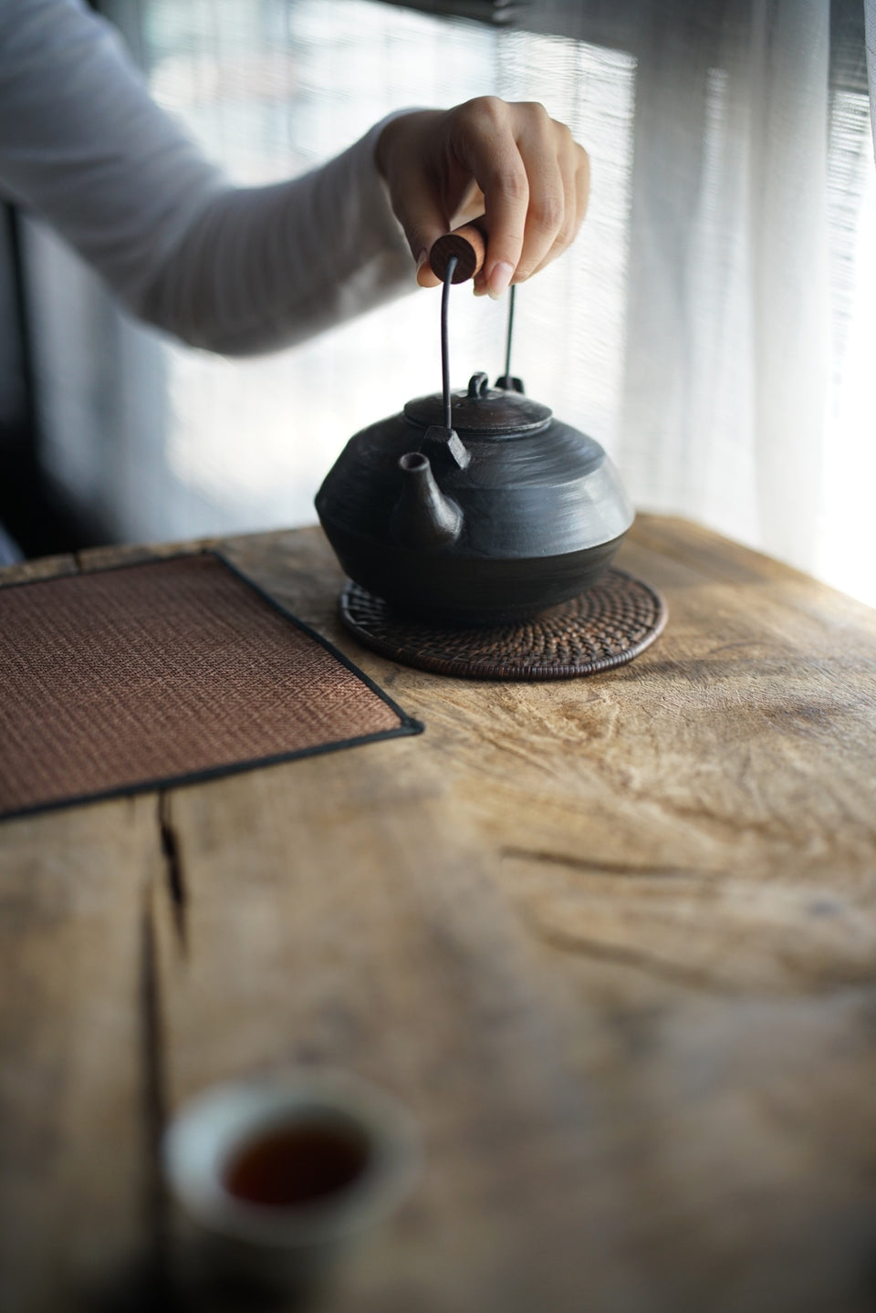 Black Clay Wood-Handled Tea Kettle