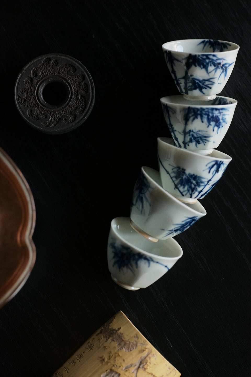 "Bamboo Shadows" Qinghua Teacups with Octagonal Base, set of 5