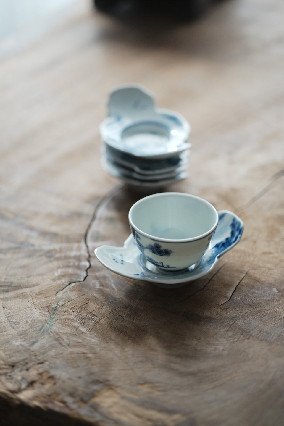 Fishing Man Qinghua Hand-made & Painted Teacup Saucers