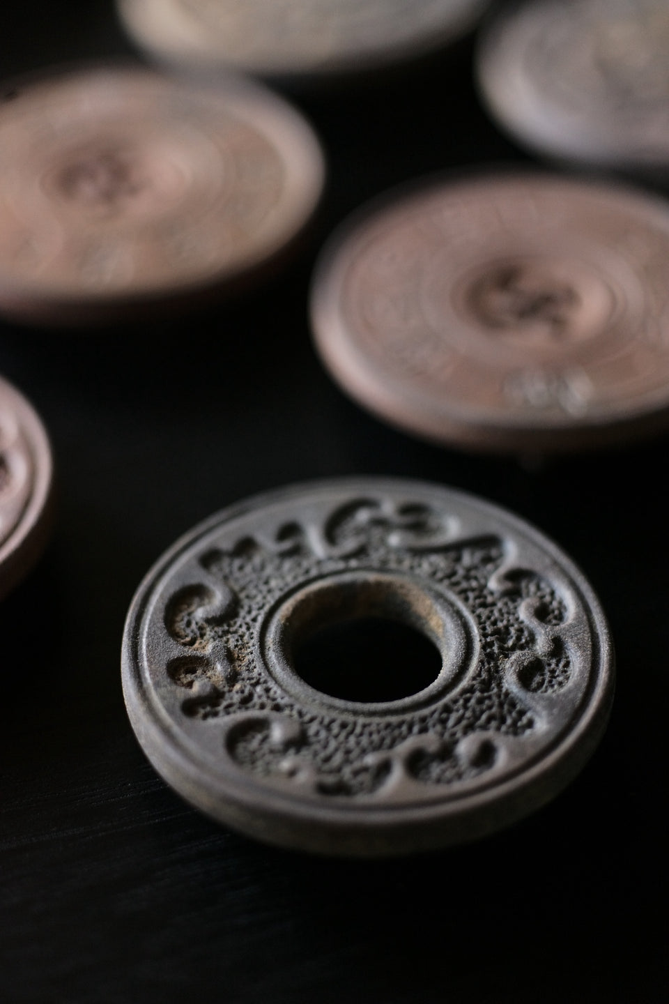 Carved Clay Lid Holders - Lotus, Clouds, and Waves