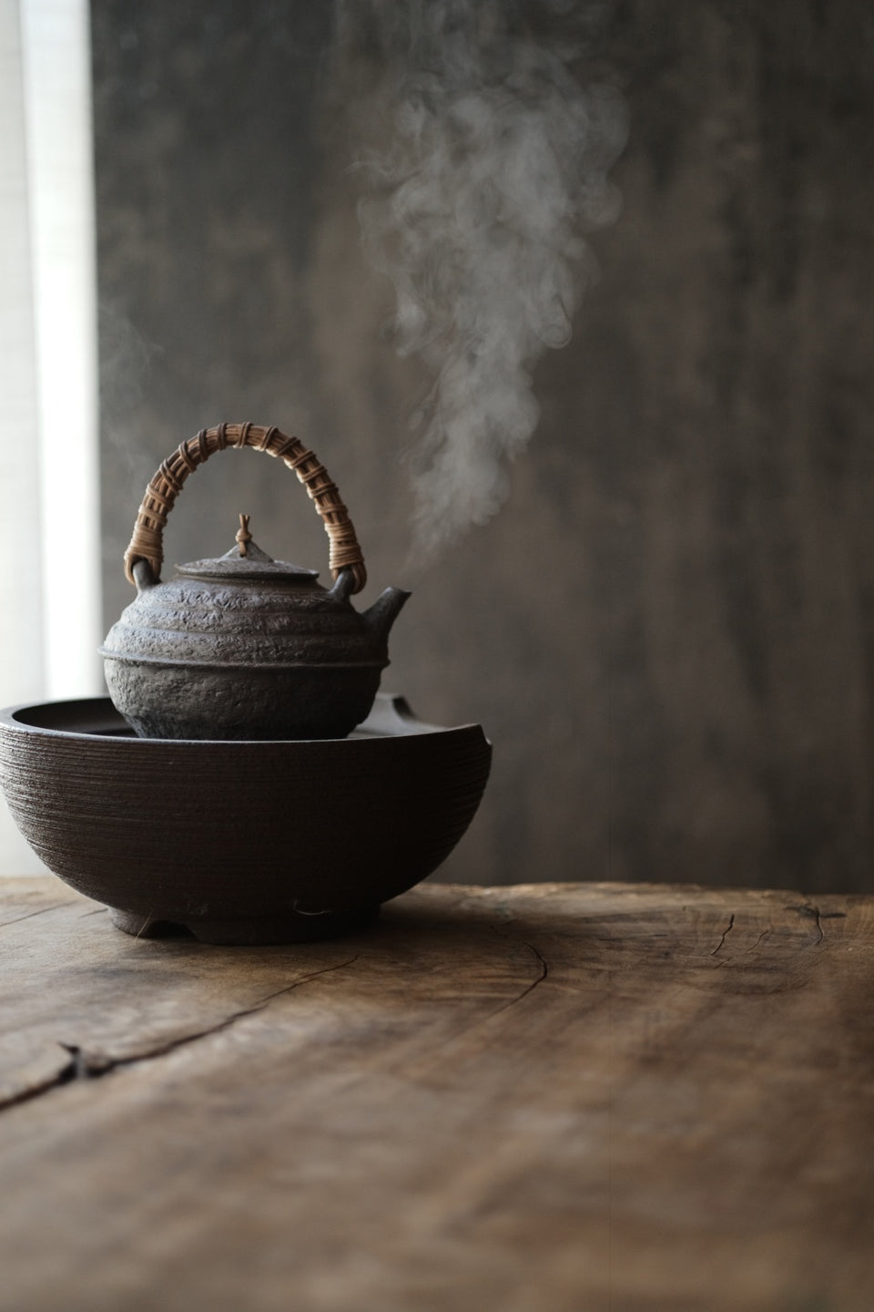Raw Clay Textured Tea Kettle with Bamboo Handle